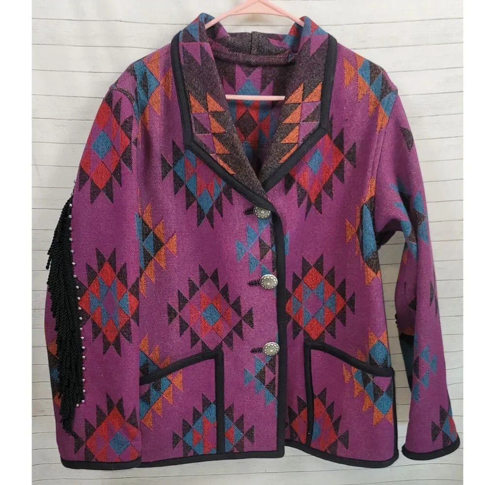 VINTAGE WOOL BLEND AZTEC PRINT BUTTON UP JACKET W FRINGE DETAIL, SZ LARGE